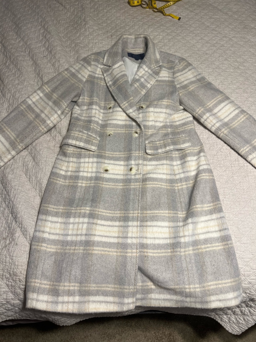 Double-Breasted Plaid Pea Coat in Light Gray & White